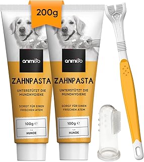 animigo 2X Hundezahnpasta (je 100g), 1x dreiköpfige Hundezahnbürste & 1x Fingerzahnbürste – Ge…