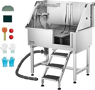 VEVOR Hundewaschstation aus Edelstahl, 961x620x1220 mm Tierpflegewanne mit Ablagetreppe, Wasserha…