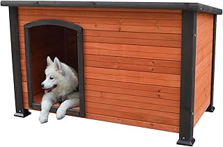 Wetterfeste Hundehütte aus Holz, Outdoor Hundehaus mit Grauer Umrandung, Naturholz Design