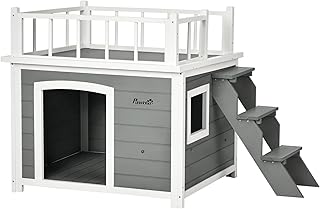 PawHut Hundehütte Hundehaus mit Balkon, Erhöhtes Kleintierhaus mit Treppe, Fenster, Hundehöhle…