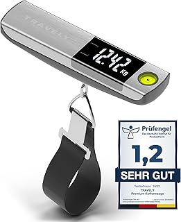 TRAVELY Premium Kofferwaage aus gebürstetem Edelstahl bis 50KG I Gepäckwaage mit praktischem Ma…