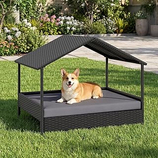 COSTWAY Hundeliege Outdoor, erhöhtes Hundebett aus Rattan mit abnehmbares Kissen & Dachschutz, H…
