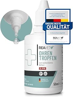 ReaVET Ohrentropfen mit kolloidalem Silber 50ml I Für Hunde und Katzen I SEHR GUT bei Ohrentzün…