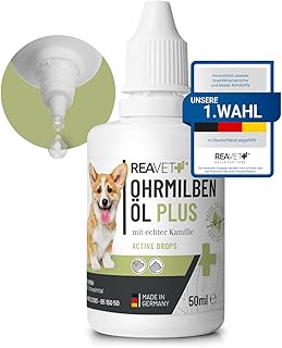 ReaVET Ohrmilbenöl Plus 50ml sofort wirksames Mittel für Hunde – gegen Ohrmilben mit Kamille …