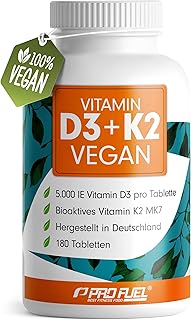 Vitamin D3 K2 VEGAN – 180 Tabletten mit 5000 IE D3 + 200 mcg K2 (MK7) – Vitamin D3 hochdosiert un…