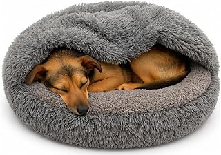 Odolplusz Rundes Kuschel-Hundebett und Katzenbett, Grau, Shaggy Bouclé, Schlafsack-Design, Warme…