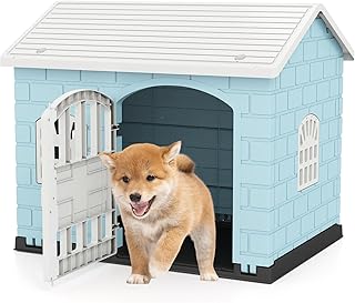 GOPLUS Hundehütte Outdoor, Hundehütte wetterfest mit abschließbarer Tür, 3 Fenster, geneigtes…