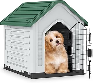 GOPLUS Hundehütte Outdoor, Hundehütte wetterfest mit verschließbarer Gittertür & erhöhter Bo…