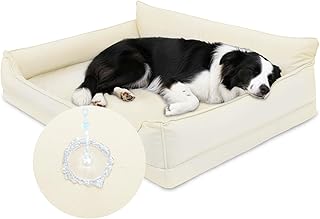 Orthopädisches Hundebett-91×68 cm,Beige Wasserdicht Kunstleder Hundekorb für Mittelgroße,Leich…
