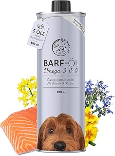 Barf Öl für Hunde 500ml Barföl mit Omega 3-6-9 aus: Lachsöl, Rapsöl, Hanfsamenöl & Borretsc…
