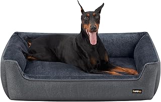 Feandrea Hundebett, Hundekissen in Leinenoptik, Hundekorb, erhöhte Ränder, rutschfeste Untersei…