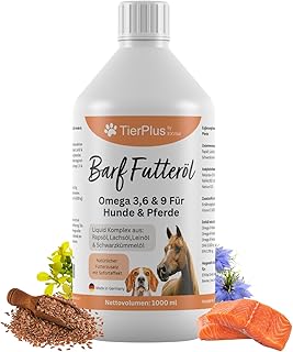 Barf Futteröl für Hunde & Pferde, 1000ml Barföl mit Omega 3-6-9 aus Lachsöl, Rapsöl, Leinöl…