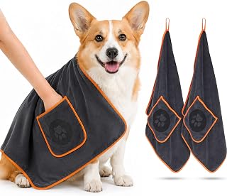 Hundehandtuch 2er Set Extra Saugfähig, 50 x 90 cm Mikrofaser Hunde Handtuch mit Eingrifftaschen,…