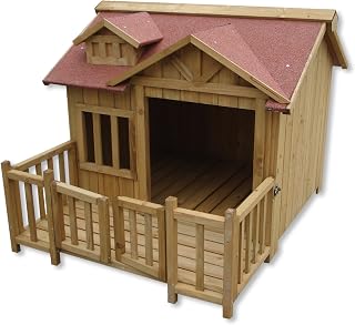 Wiltec Luxus XL Hundehütte 93,5 x 77,5 x 70 cm, braun, Hundehaus aus Holz mit Veranda, Hundehöh…