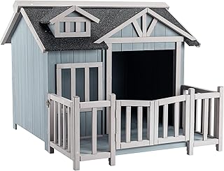 Wiltec Luxus XL Hundehütte 93,5 x 77,5 x 70 cm, grau weiß, Hundehaus aus Holz mit Veranda, Hund…