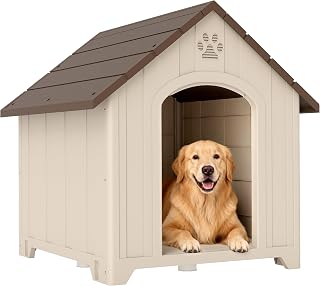 PawHut Hundehütte Wetterfestes Hundehaus für Große Hunde 88x79x89 cm Beige | Erhöhte Hundehö…