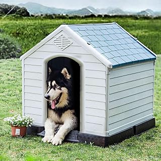 COSTWAY Hundehütte, Hundehaus aus Kunststoff, Hundehöhle mit Erhöhtem Boden & Wasserfestem Dac…