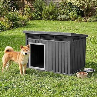 COSTWAY Hundehütte für Outdoor & Indoor, Hundehaus mit aufklappbarem Schrägdach, Entwässerung…