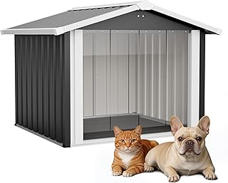 Hundehütte, Wetterfeste Hunde hausaus verzinktem Stahl, Hundehöhle mit Boden & Dach, für Garte…