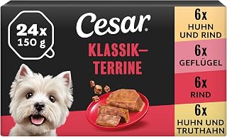 Cesar Klassik-Terrine Adult Multipack 24 x 150g Schale Stückchen in Pastete mit Rind & Leber/Huh…