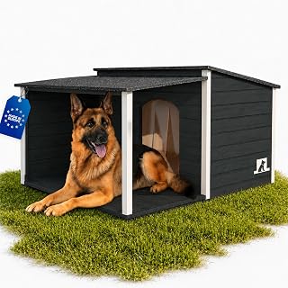 Outentin Hundehütte XL mit Terrasse – isoliertes Hundehaus, Anthrazit
