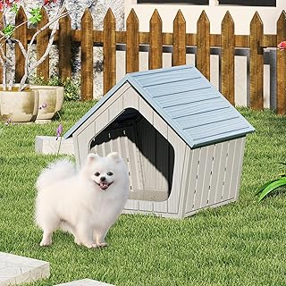 COSTWAY Hundehütte Outdoor, winterfestes Hundehaus aus Kunststoff, Hundehöhle mit Lüftlöchern…