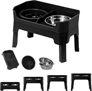 FOREYY 4-in-1 Verstellbare hundenapf erhöht mit 2 Edelstahlnäpfen und 1 Anti Schling Napf, futt…